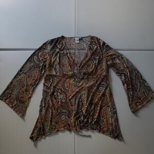 Y2K Babydoll Whimsy Fairy Grunge Dressbarn Top Women Large Brown Paisley Stretch